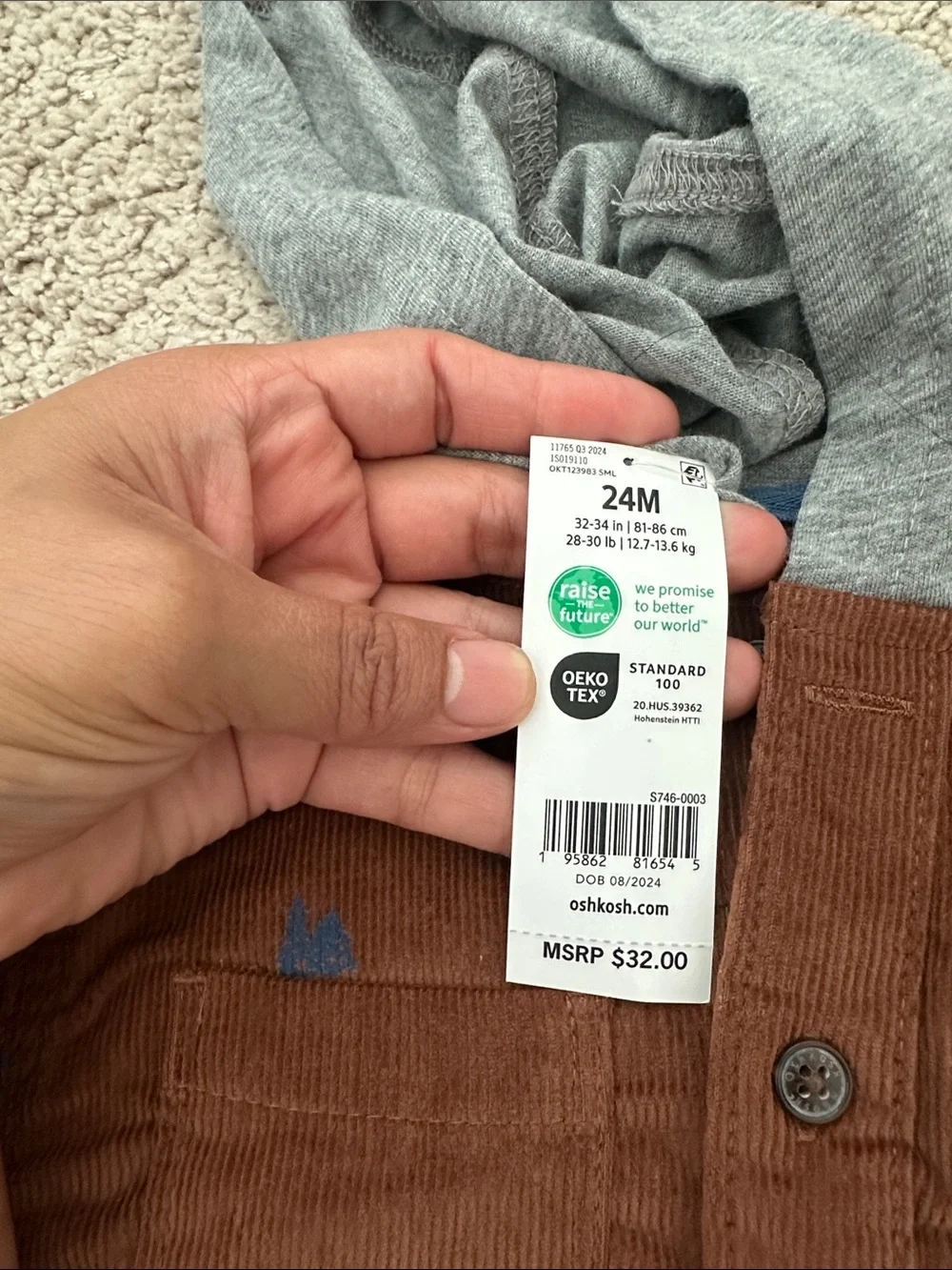 OshKosh B'gosh Brown Corduroy Hooded Shirt with Gray Hood and Blue Accents